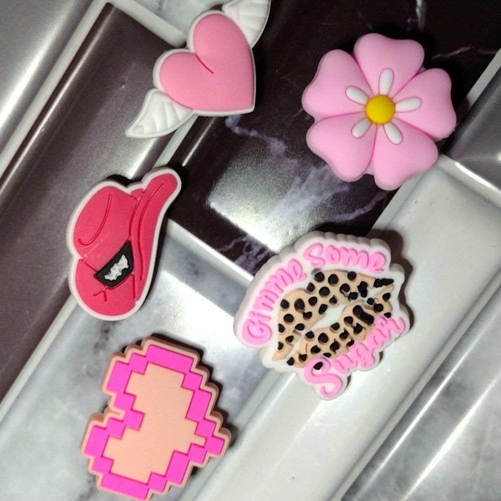 Pink Themed Shoe Charms Cowgirl Hat, Heart, Lips, Flower & Wings NEW
